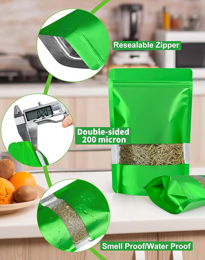 FireKylin 100 Pack Smell Proof Bags 4.7" x 7.9", Resealable Bags with Matte Window, Foil Pouch Stand Up Sealable Bags for Packaging（Green）