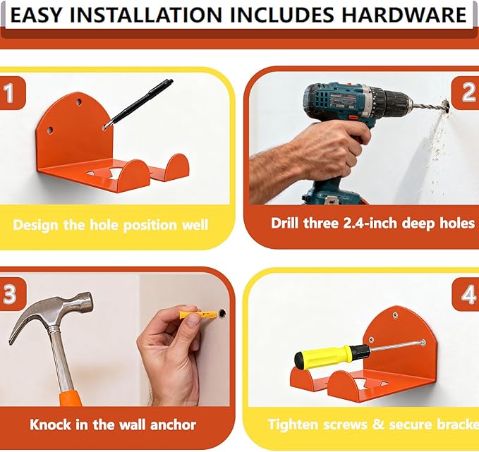 Lawn Mower Wall Mount Bracket 10 Gauge Heavy Duty Steel Powder Coated Orange Garage Storage Organizer Hanger for Most Lawn Mowers with Screws and Plugs Included (2-Pack)