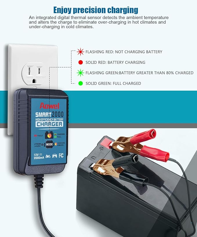 12V, 2-Amp Fully Automatic Battery Charger & Maintainer for Car, Lawn Mower, ATV, Motorcycle, Boat, Marine Lithium(LifePO4) and AGM, Deep Cycle Lead-Acid Batteries