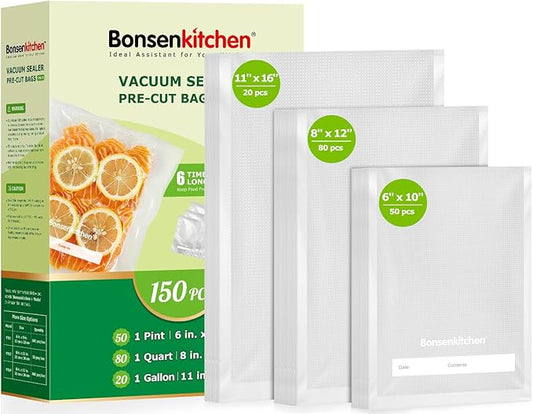 Bonsenkitchen Precut Vacuum Sealer Bags, 20 Gallon 11" x 16"+ 80 Quart 8" x 12"+ 50 Pint 6" x 10", Commercial Grade, BPA Free, Food Sealer Bags for Vac Storage, Meal Prep or Sous Vide Cooking, VB15