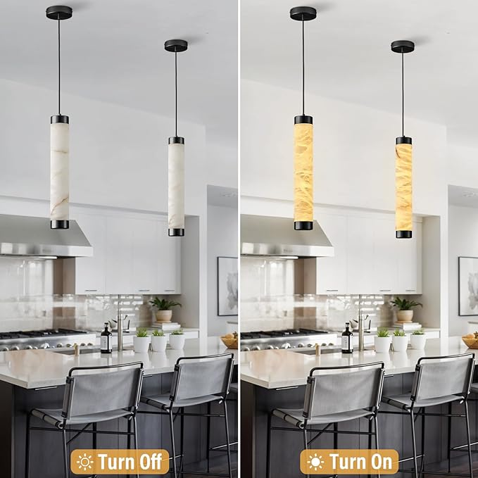 20" Alabaster Pendant Lights, Natural Marble Cylinder Black Pendant Light, Adjustable Modern Ceiling Light Fixtures for Kitchen Island, Dining Room, Bedroom, Living Room, Bathroom