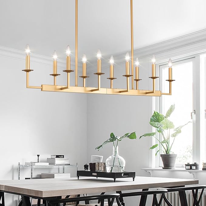 48-Inch Rustic Gold Linear Chandelier,Extra Long Candle Chandelier,Gold Light Fixture for Dining Room Living Room Kitchen Island, Modern Rectangular Chandelier(10-Light,Bulbs Not Included)