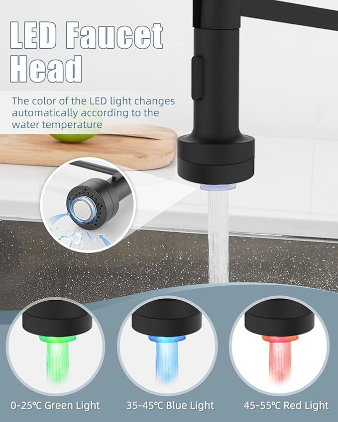 Black Kitchen Faucet with Soap Dispenser, Faucet with Light, Faucet for Camper Farmhouse RV Kitchen Sink, Single Handle Stainless Steel Kitchen Sink Faucets with Pull Down Sprayer