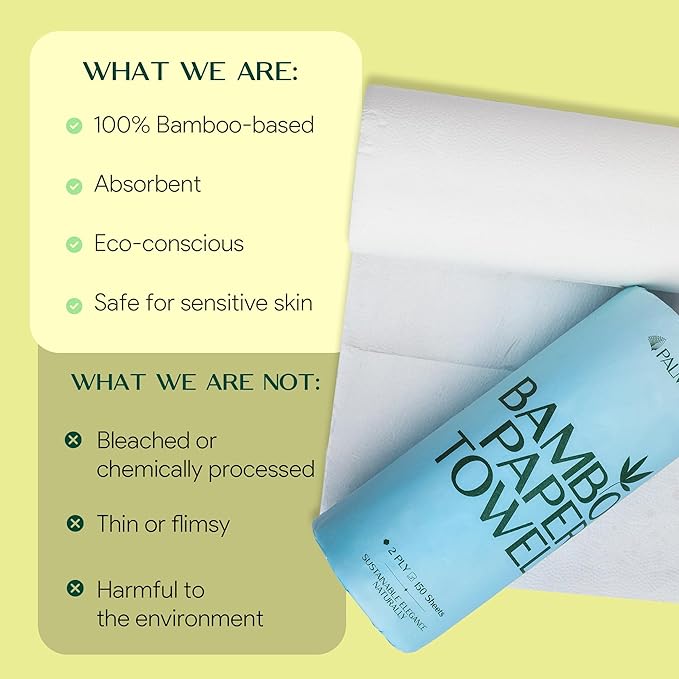 100% Bamboo Paper Towels | Lint-Free, Eco-Friendly, Tree-Free | 2-Ply Kitchen Paper Towel | Food Grade – FSC-Certified, BPA/PFAS-Free | 12 Mega Rolls – 150 Sheets/Roll | PALM NAKI