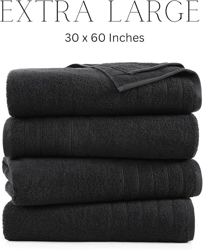 Casa Platino 100% Cotton Bath Towels 4 Pack (30"x60") - Ring Spun Mercerized Cotton Large Towel Set for Bathroom - Quick Dry, Soft & Absorbent Large Bath Towel Set - Oeko Tex Certified - Black Towels