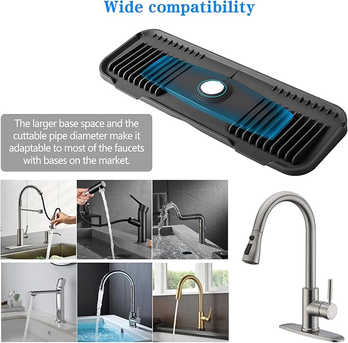 Kitchen Faucet Mat, DK-SIMINA Silicone Faucet Mat Silicone Faucet Drip Catcher with Cuttable Circular Central for Kitchen Sink, Tailor-Made for Faucets with Deck Plate【Black】