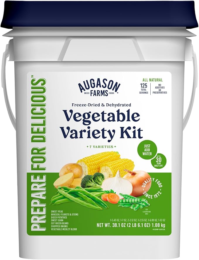 Vegetable Variety Kit Emergency Food Supply, 125 Servings, 30 Year Shelf Life - Dehydrated Vegetables Camping Essentials, Broccoli, Potatoes, Peas, Corn, Green Beans, Onions, and Medley