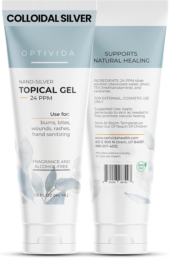 OPTIVIDA Colloidal Silver Gel for Wound Care, Natural Topical Skin Healing | Nano-Silver Topical Gel for Wounds, Burns, Rashes, Skin Irritations, Unscented (1.5 Oz.)