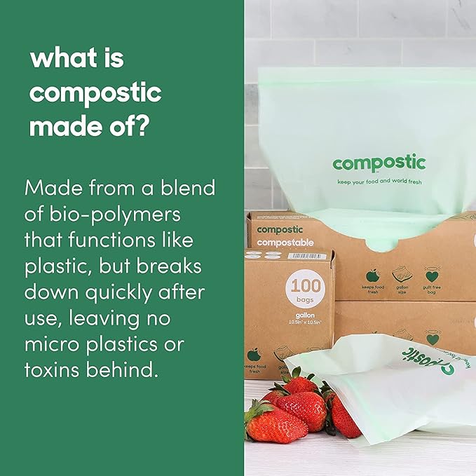 Compostic Home Compostable Resealable Sandwich Bags (7"x7"), Microwave & Freezer Safe, Organic Food Storage Container, 100 Count (Pack of 2)