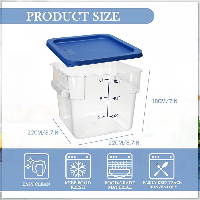 Lallisa 8 Pack 6 Qt Commercial Food Storage Containers with Lids Square Food Storage Container Clear Cereal Storage Containers for Kitchen Freezer Pantry Restaurant Flour Sugar(Blue Lids)