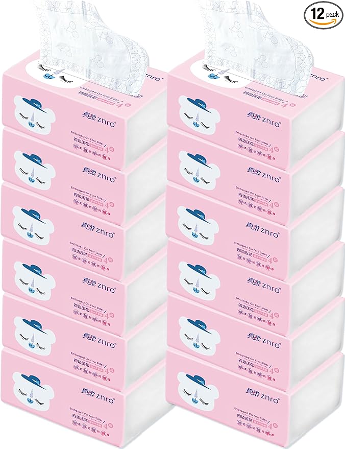 1200 Pulls ZNRO Powder Free Lint Free Paper Facial Tissues Super Soft 4-Ply 6.1"x6.9",Hypoallergenic Skin Friendly,Made of Virgin Wood Pulp,4-Side Art Pattern Embossed,Compact Pink Plastic Packaging