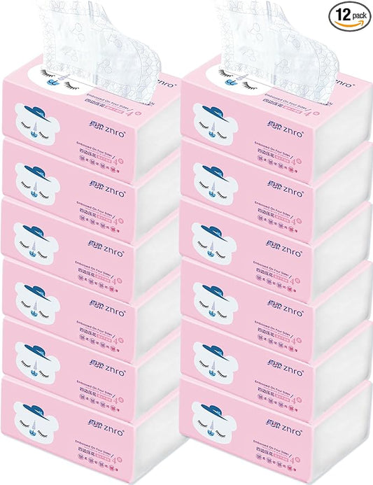 1200 Pulls ZNRO Powder Free Lint Free Paper Facial Tissues Super Soft 4-Ply 6.1"x6.9",Hypoallergenic Skin Friendly,Made of Virgin Wood Pulp,4-Side Art Pattern Embossed,Compact Pink Plastic Packaging
