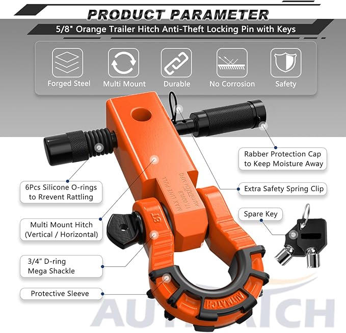 AUTMATCH Shackle Hitch Receiver 2" with 3/4" Mega D Ring Shackle and 5/8" Trailer Hitch Lock Pin, 68,000 Lbs Break Strength Heavy Duty Receiver Towing Kit for Off-Road Vehicle Recovery, Orange