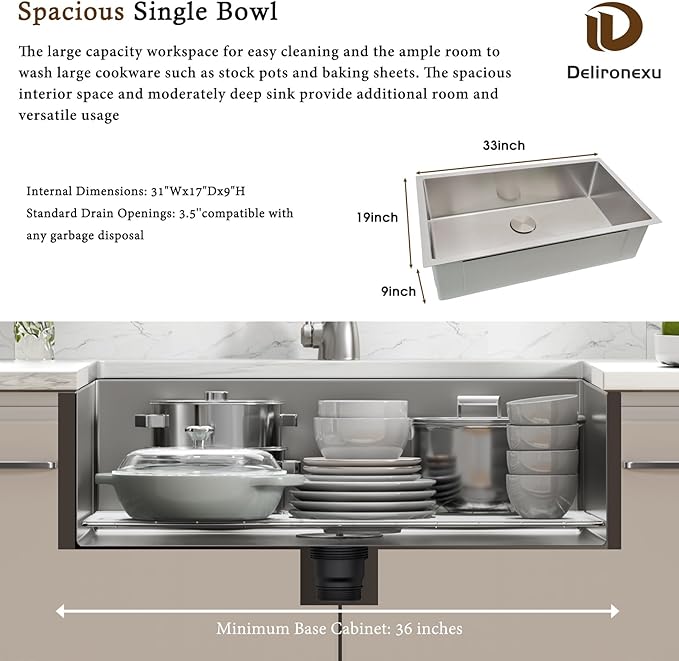 33 Inch Undermount Kitchen Sink – Delironexu 16 Gauge Stainless Steel Sink, Single Bowl Kitchen Sinks Undermount, 33x19 kitchen sink with Bottom Grid, Drain & Towel