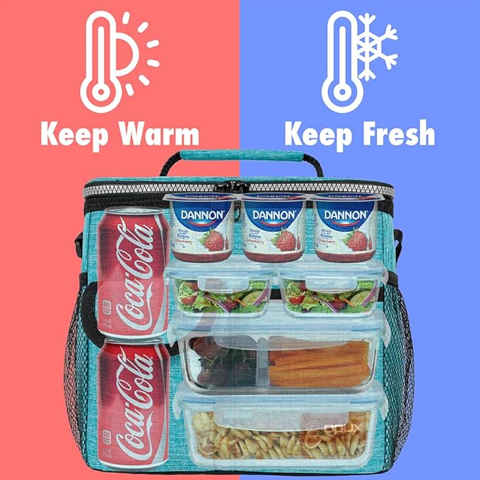 opux Insulated Lunch Bag for Men Women, Leakproof Sea Blue Lunch Box for Work, Portable Soft Lunch Cooler Bag with Shoulder Strap, Adult Lunchbox Lunch Pail for Kid Boy Girl School, 18 Can/10L