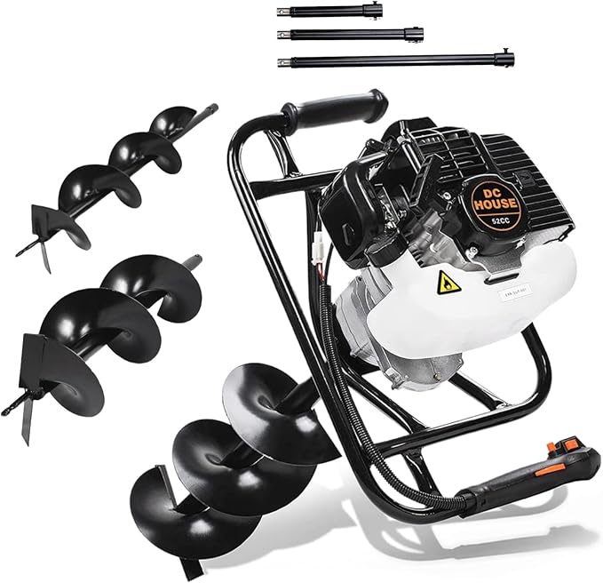 DC HOUSE Post Hole Digger, 52cc 1800W Gas Powered Earth Auger Earth Digger, Auger Post Hole Digger with Two Drill Bit 6" & 10" and Extension Rods, for Fence, Farmland and Garden, EPA Certified