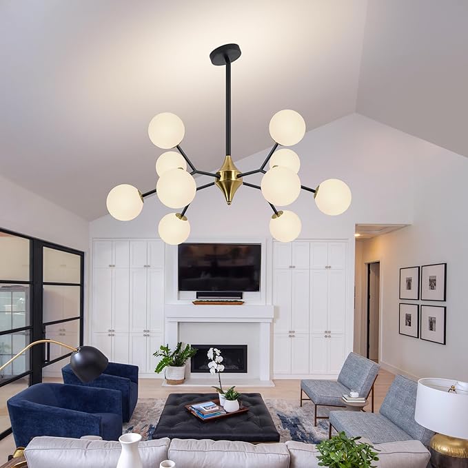 COCOSTAR Dining Room Chandelier, 10 Lights Modern Ceiling Light Fixture, Sputnik Chandelier, Chandeliers Over Table, Milk Globe, Black and Gold, G9 Base
