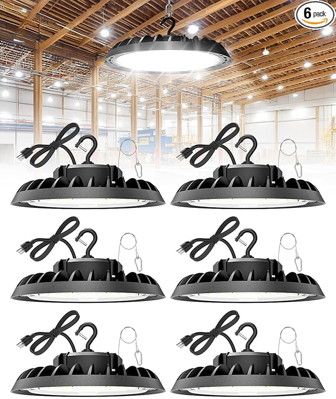 VOLISUN 6 Pack UFO Led High Bay Light 22,500LM, 150W, 5000K Daylight, 100-277V High Bay Led Shop Light, ETL Listed Commercial Bay Lighting for Garage Workshop Barn Factory Warehouse