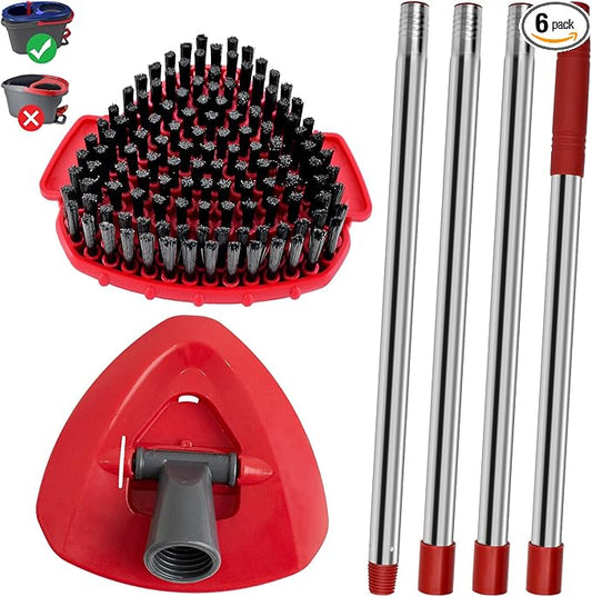 4-Section Stainless Steel Spin Mop Handles, Mop Base & Upgrade Scrub Brush Combo for Ocedar EasyWring RinseClean 2 Tank System, Mop Handle Mop Base & Brush Set for O Cedar, Universal Thin Screw Joints