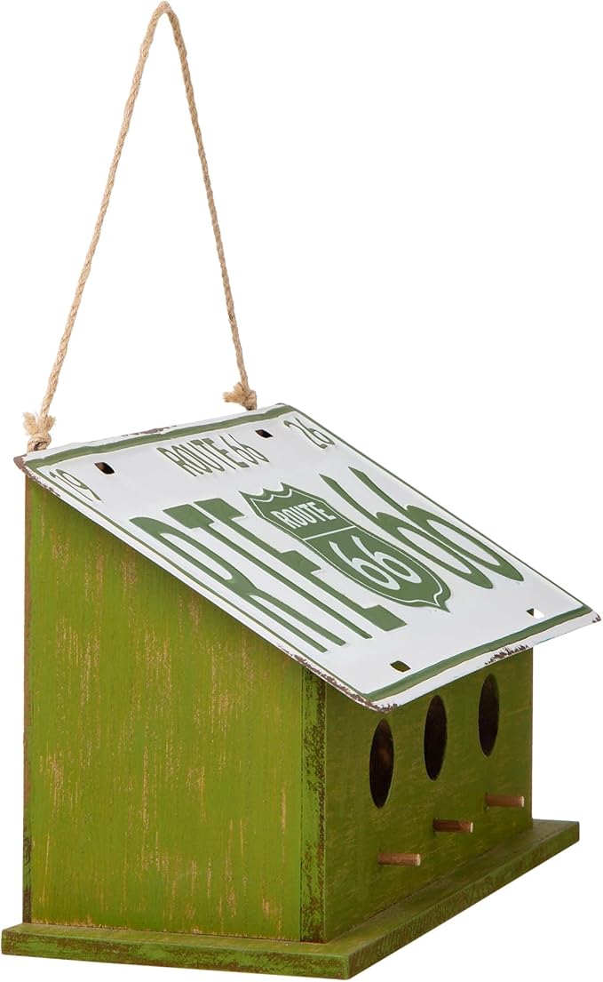 Glitzhome 14”L Wood Hanging Birdhouse for Outdoors, Licence Plate Route 66 Welcome Painted Bird House, Rustic Bird House for Bluebird Wren Sparrow, Bird Nest Box for Garden Patio, Washed Green