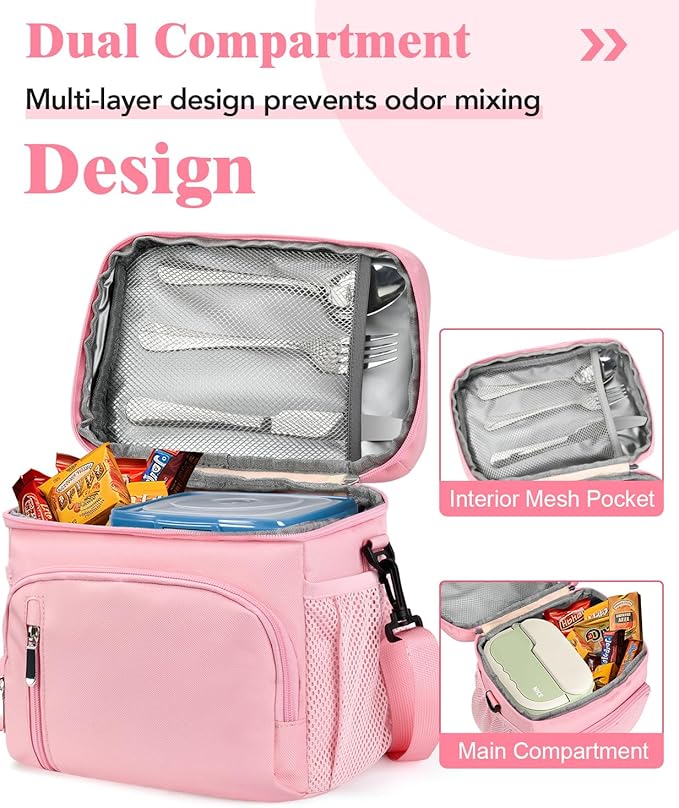Insulated Lunch Bag for Men & Women - Leakproof Lunch Box Soft Cooler Tote, Adjustable Strap, Reusable Lunch Box for Work Office Picnic Beach Travel-Pink