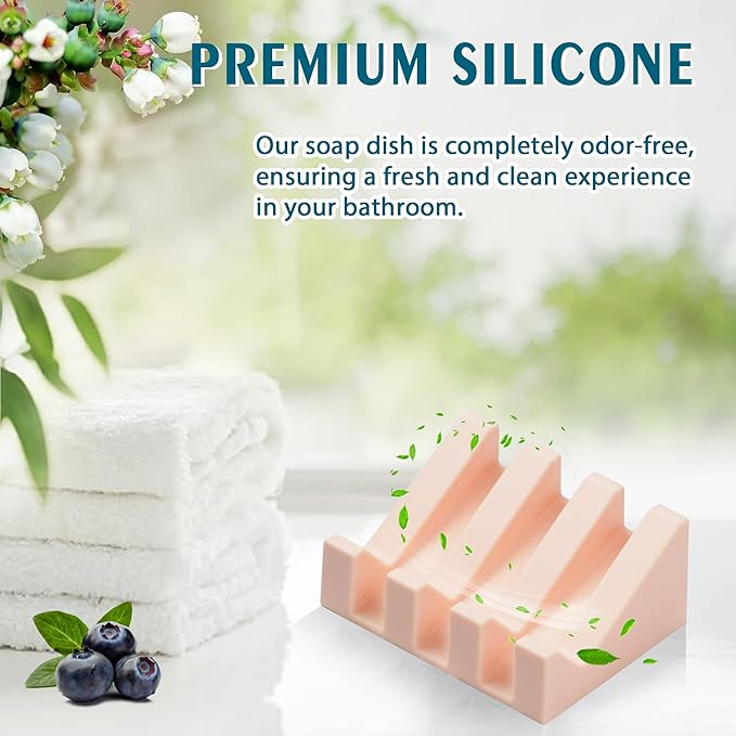 Silicone Soap Dish with Drain, Upgrade Double Suction Cups at The Bottom for Anti-Slip and Stability, Soap Dish Shower Waterfall Bar Soap Holder Tray with Drain Soap Holder (1, Pink)