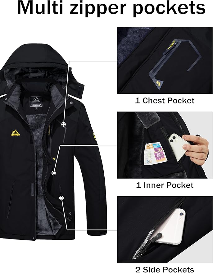 MAGCOMSEN Men's Winter Coats Water Resistant Ski Snow Jacket Warm Fleece Jacket Parka Raincoats With Hood Multi-Pockets