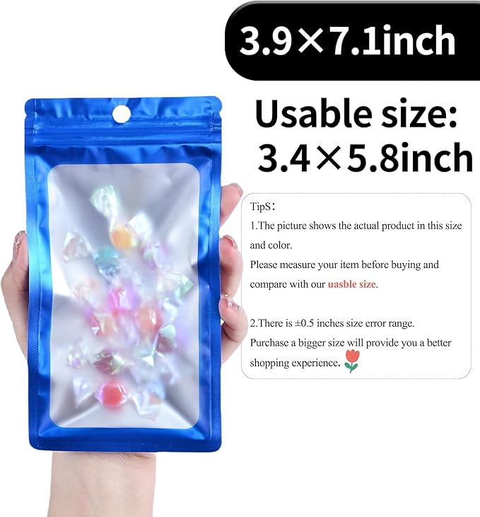 100 Pack Resealable Plastic Bags for Food Storage, Zipper Bags with Clear Front Window, Packaging Pouch for Small Business (Blue, 3.9x7.1 inch)