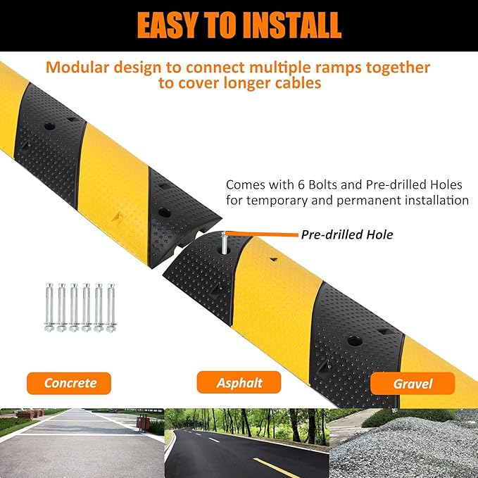 3.3 Ft Rubber Speed Bumps 2 Pack, Heavy Duty Speed Bumps for Driveway Rubber Gravel Road Asphalt Parking, Modular Driveway Speed Bumps Cable Protector Ramp with 6 Bolts Spikes
