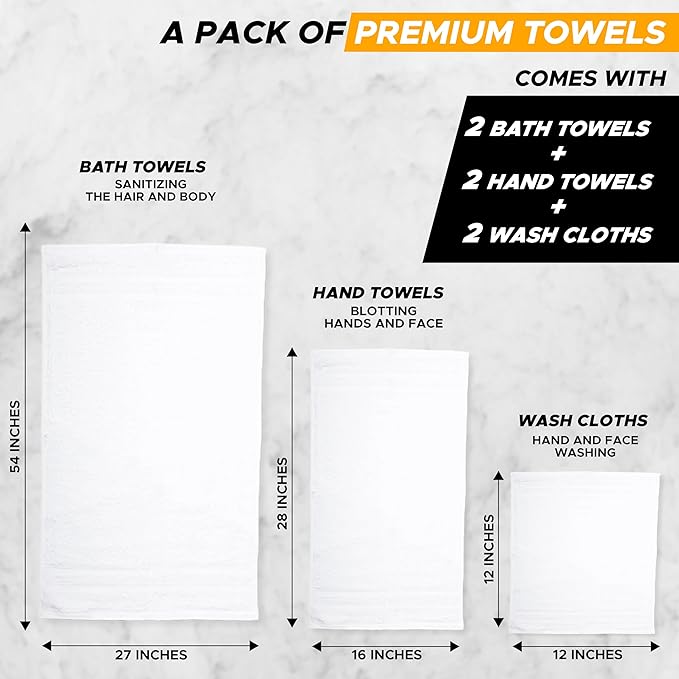EcoNour Luxury 100% White Turkish Cotton Towel Set 550 GSM– 6 Piece Bathroom Towels Set Includes 2 Bath Towels, 2 Hand Towels, 2 Washcloths – Soft, Absorbent, Quick Dry for Bathroom, Spa,Gym & Hotel