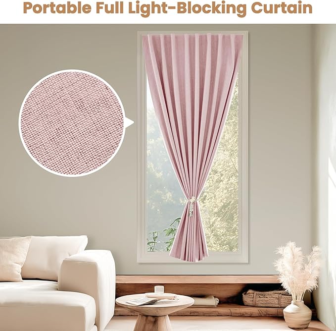 JILROIN Self Adhesive Curtains,100% Blackout Window Cover,No Drilling,Easy to Install,Provides Privacy Protection for Bedrooms (Light Pink - W35 × L80 in)