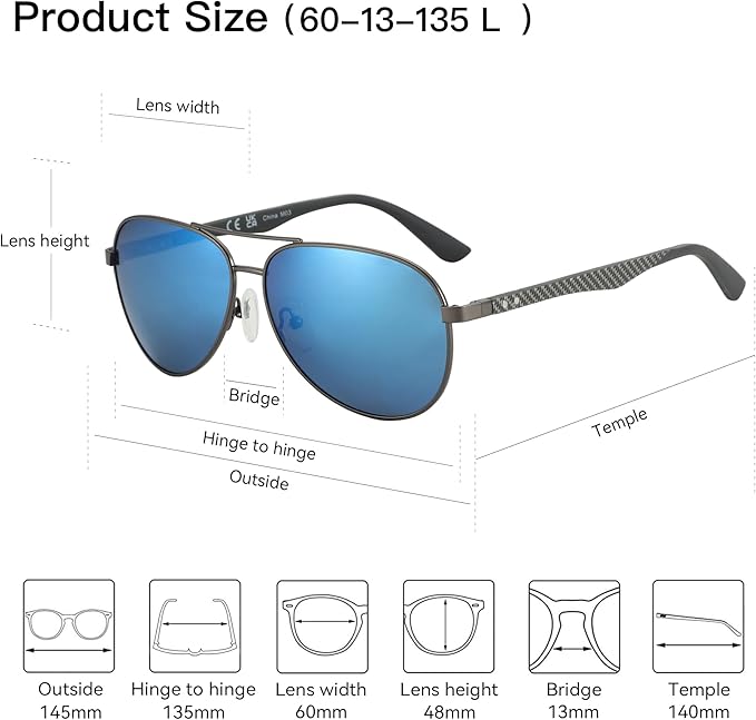 ZENOTTIC Polarized Aviator Sunglasses for Men Carbon Fiber Temple Pilot Sun Glasses with Mirrored Lens UV Protection