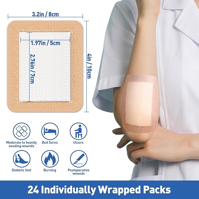 AZEN 24 Pack Silicone Foam Dressing, 3.2" X 4" Waterproof Silicone Bandages with Border Adhesive, Large Bandages for Wounds, Self Adhesive Wound Care and Dressings