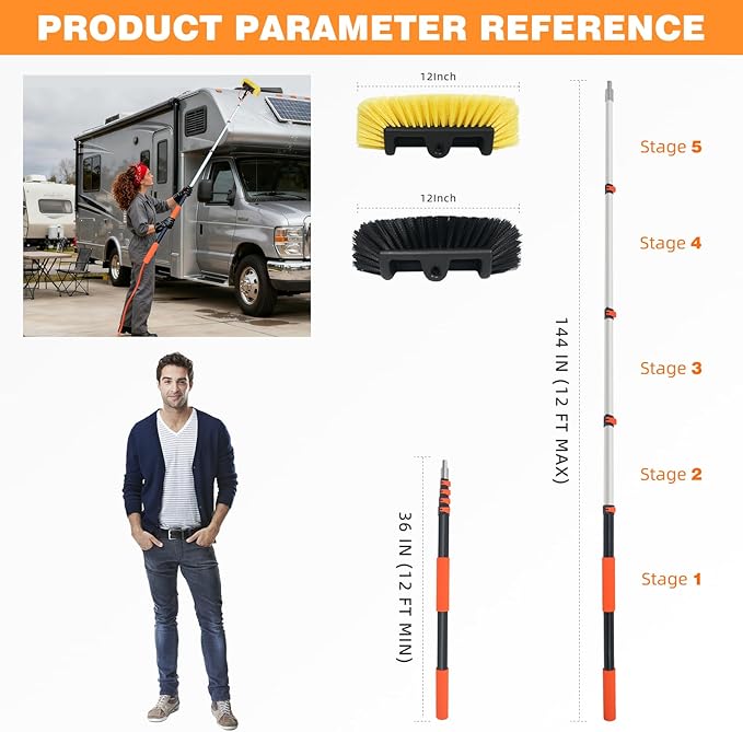 12FT Car Wash Brush with Long Handle Water Fed Telescopic Pole Car Cleaning Tool with 12" Soft Bristle and Hard Bristle Wash Equipment Kit for Car Truck House Glass Roof Solar Panels