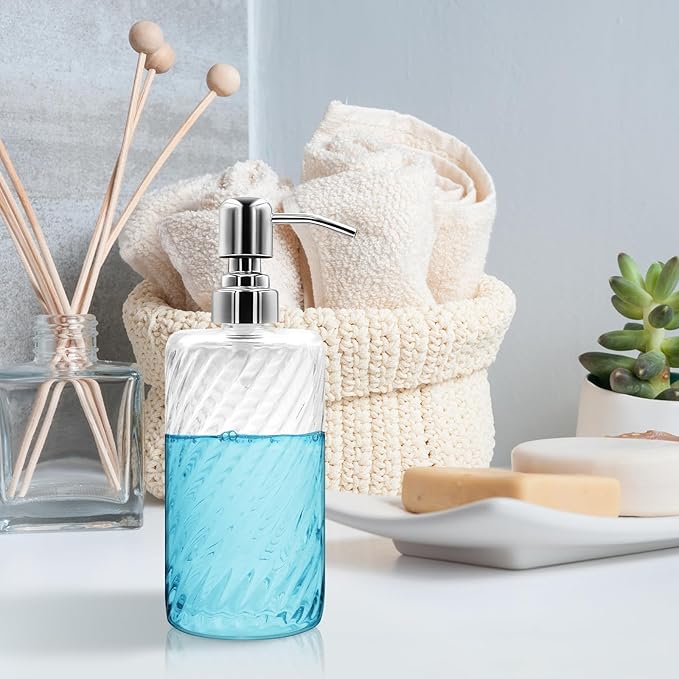 18 Oz Ribbed Glass Soap Dispenser with Stainless Steel Pump, Refillable Liquid Soap Bottle for Bathroom, Kitchen, Hand Soap, Dish Soap, or Lotion