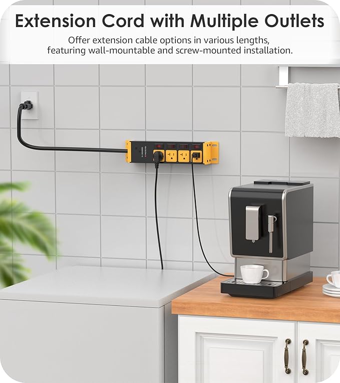 CCCEI Heavy Duty Surge Protector Power Strip 20 Amp Individual Switches. 25FT 12 Gauge Extension Cord with Multiple Outlets. Kitchen, Garage, Shop, Industrial Wall Mount Electric Extender, Yellow.