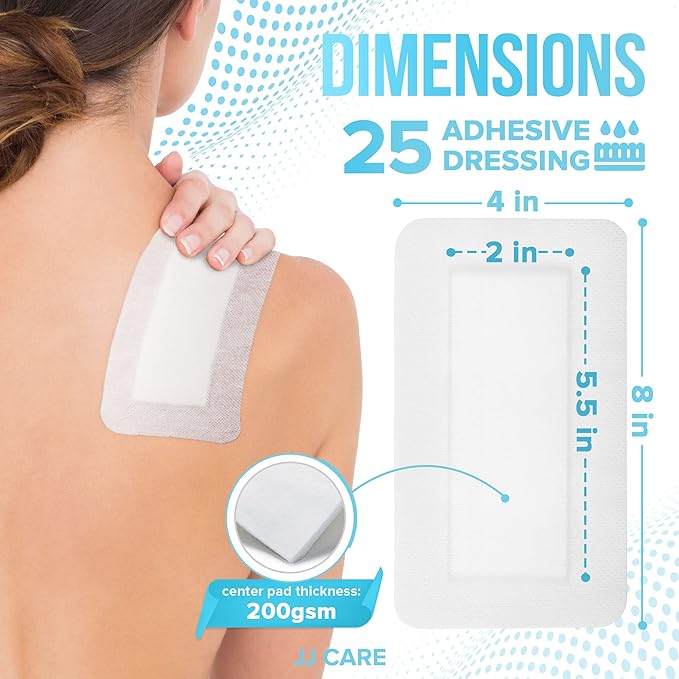 JJ CARE Adhesive Island Dressing [Pack of 25], 4” x 8” Sterile Bordered Gauze, Breathable Island Wound Dressing, Individually Wrapped Adhesive Gauze Bandages with Non-Stick Central Pad