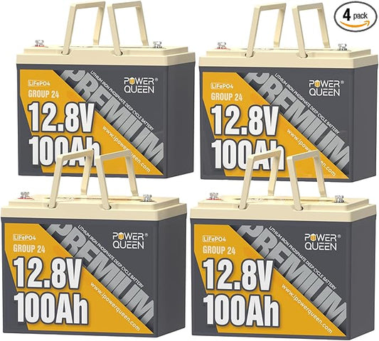 Power Queen 4PACK 12V 100Ah Group 24 LiFePO4 Battery, 1280Wh Lithium Battery with 100A BMS,Grade A Battery Cell, Perfect for Trailer RV, Marine, Solar Power System