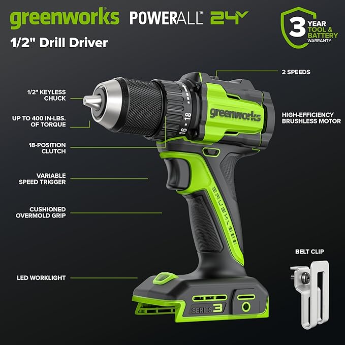 Greenworks 24V Cordless Brushless 400 in-lbs Drill/Driver + 6.5" Circular Saw, 4,800 RPM, Cutting Depth 45°/90° (2) 2.0Ah USB-C Batteries(12,000mAh Power Bank) and 65W USB-C Fast Charger(3-Port)