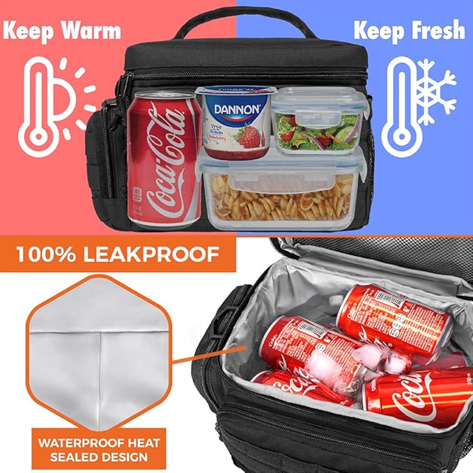 opux Tactical Lunch Box for Men, Black Mens Insulated Lunch Bag for Adult, Leakproof Soft Lunch Cooler with MOLLE Mesh Side Pockets, Multicam Heavy Duty Lunchbox Pail for Work Women, Medium 10 Cans