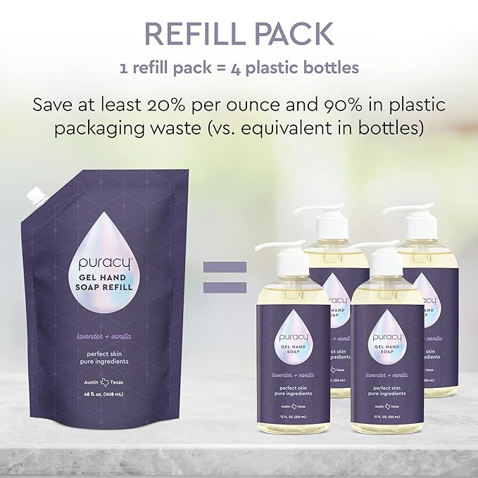 Puracy Organic Hand Soap, Professional Hand Washers We've All Become, Moisturizing Natural Gel Hand Wash Soap, Liquid Hand Soap Refills for Soft Skin (Refill Lavender & Vanilla, 48 Ounce)