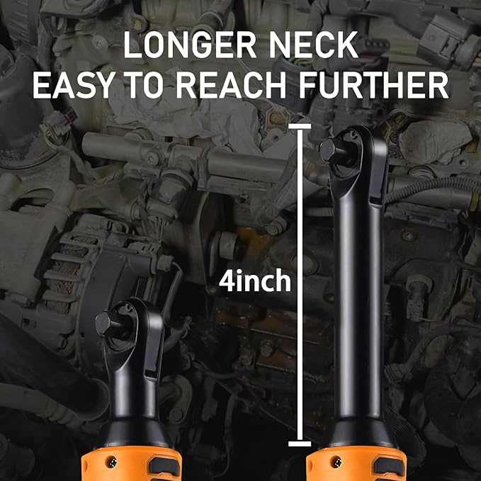 3/8" Cordless Electric Ratchet Wrench Set, 18V Power Ratchet Tool Kit With 2 Packs 2000mAh Battery And Charger, 45 FT-LBS Battery Powered Extended Wrench with LED Lights (18 V Extended Orange)