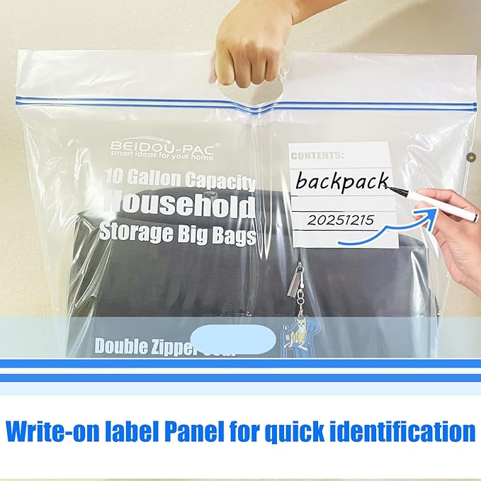 10 Gallon Large Storage Bags with Handle, 50 Counts | Double Zipper Seal | Expandable Bottom, Resealable Clear zip Bags for Home, Travel, Moving Commercial and Outdoor