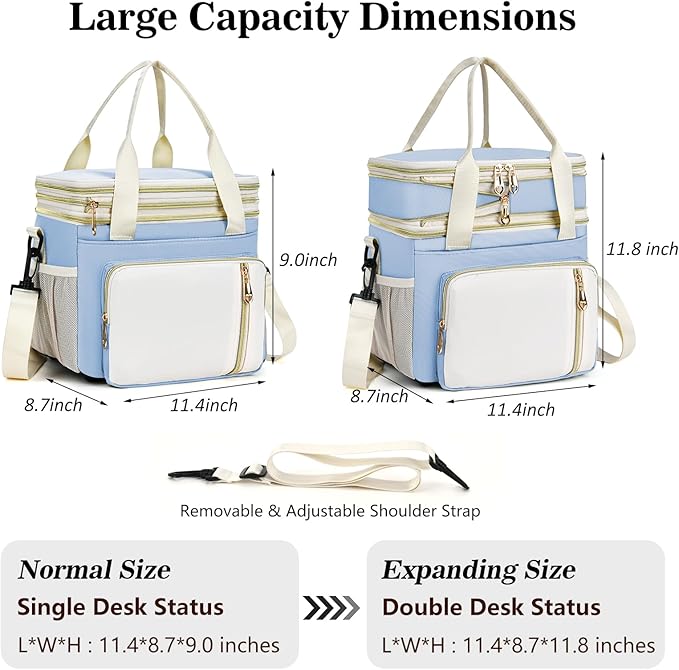 LOKASS Expandable Lunch Box for Women Men | Adult Lunchbag Cooler Tote Bag with Adjustable Shoulder Strap | Insulated Reusable Womens Lunch Bags for Work Camping Beach | 16L, Baby Blue