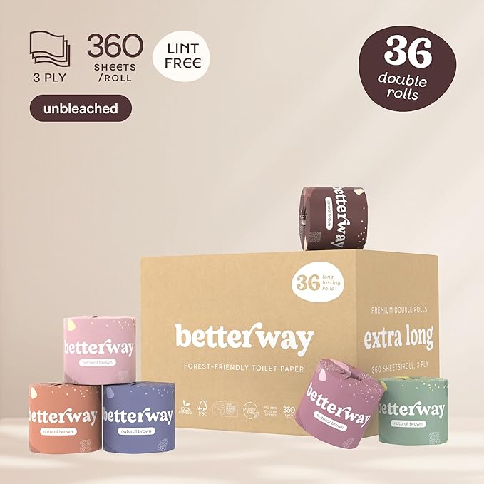 Betterway Unbleached Bamboo Toilet Paper Rolls - Eco-Friendly 3 Ply Toilet Tissue - 36 Long-Lasting Rolls - 360 Sheets/Roll - Organic, FSC Certified, Septic Safe TP - Lint-Free, PFAS-Free Bath Tissue