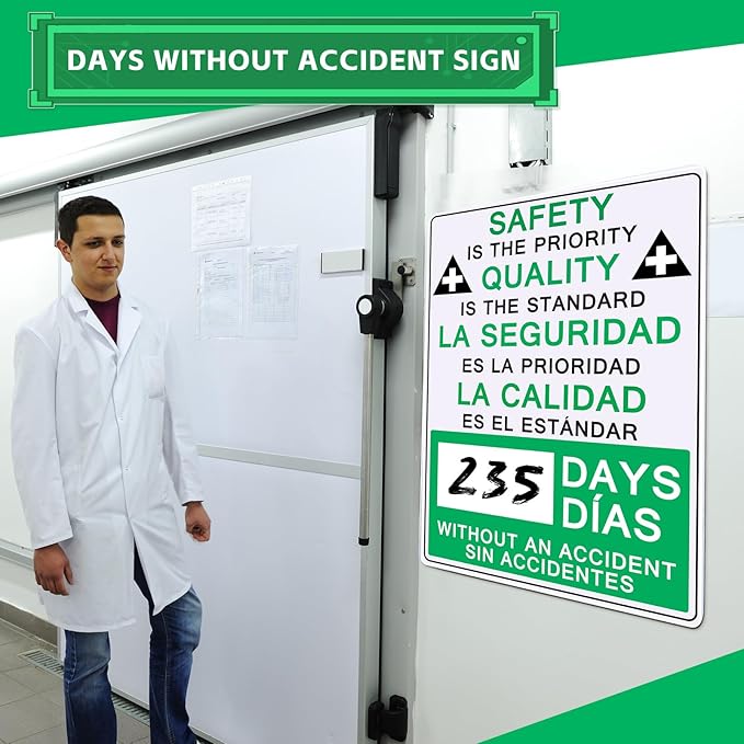 2 Pcs Plastic Days Without Accident Sign 20" x 14" Write a Day Sign Setting the Standard in Safety Quality Excellence Safety Is the Priority Quality Is Standard(Bilingual)