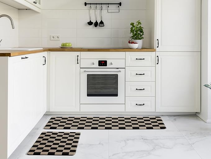 Checkered Kitchen Mats for Floor Set of 2, 2 Pcs Cushioned Non Slip Runner Rugs for Kitchen/Sink/Laundry, Comfort Aesthetic Cute Anti-Fatigue Foam Floor Mat (Brown/Black)