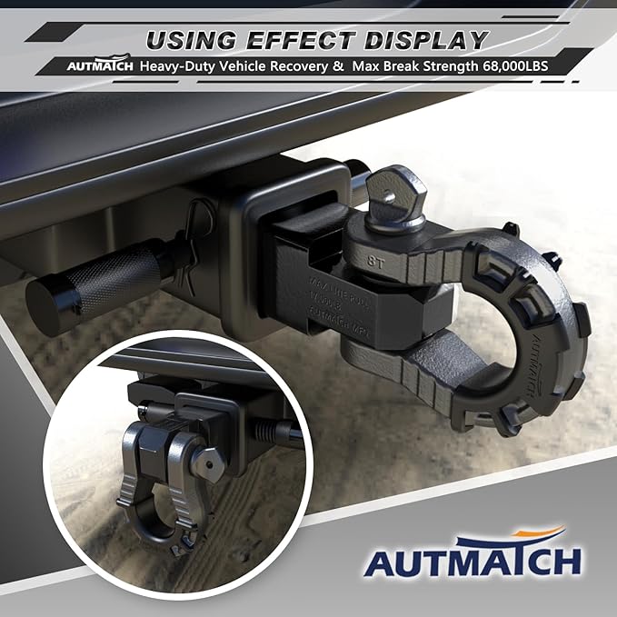AUTMATCH Shackle Hitch Receiver 2" with 3/4" Mega D Ring Shackle and 5/8" Trailer Hitch Lock Pin, 68,000 Lbs Break Strength Heavy Duty Receiver Tow Kit for Off-Road Vehicle Recovery, Black & Gunmetal