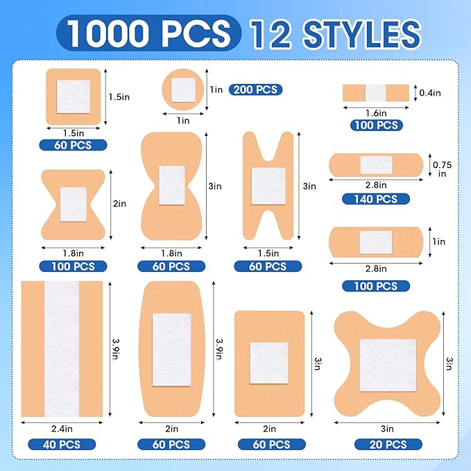 CXYARY 1000 Counts Assorted Bandages Bulk Variety Pack,12 Styles Flexible Fabric Heavy Duty Waterproof Bandages Individually Wrapped Used for Emergency Treatment and Skin Wound Care, Latex Free
