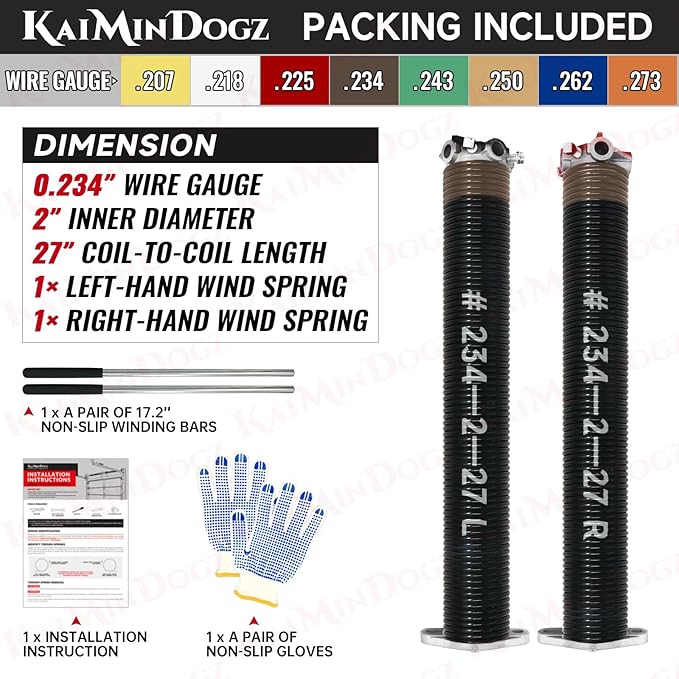 Pair of 2" Garage Door Torsion Springs Set with Non-Slip Winding Bars & Gloves, High Quality Precision Electrophoresis Black Coated, for Replacement & Installation, MIN 16,000 Cycles (0.234x2''x27'')